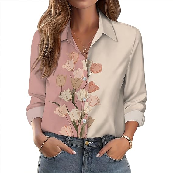 Button Down Shirts for Women Casual Floral Blouse Trendy Long Sleeve Women Tops Dressy Casual V Neck Summer Tops Floral Pink L